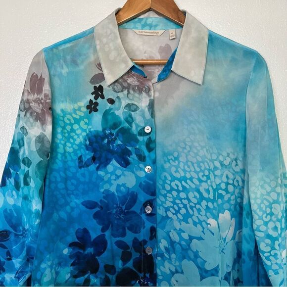 Soft Surroundings Jolene Silk Floral Button Up Shirt Blue Tunic Top Petite Large - Picture 3 of 11